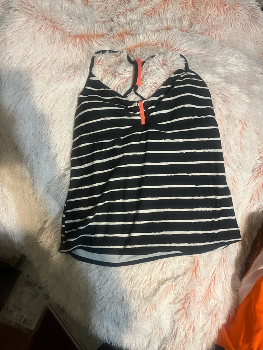 Nike Black and White Striped Women's Swim Tankini with Orange Accent